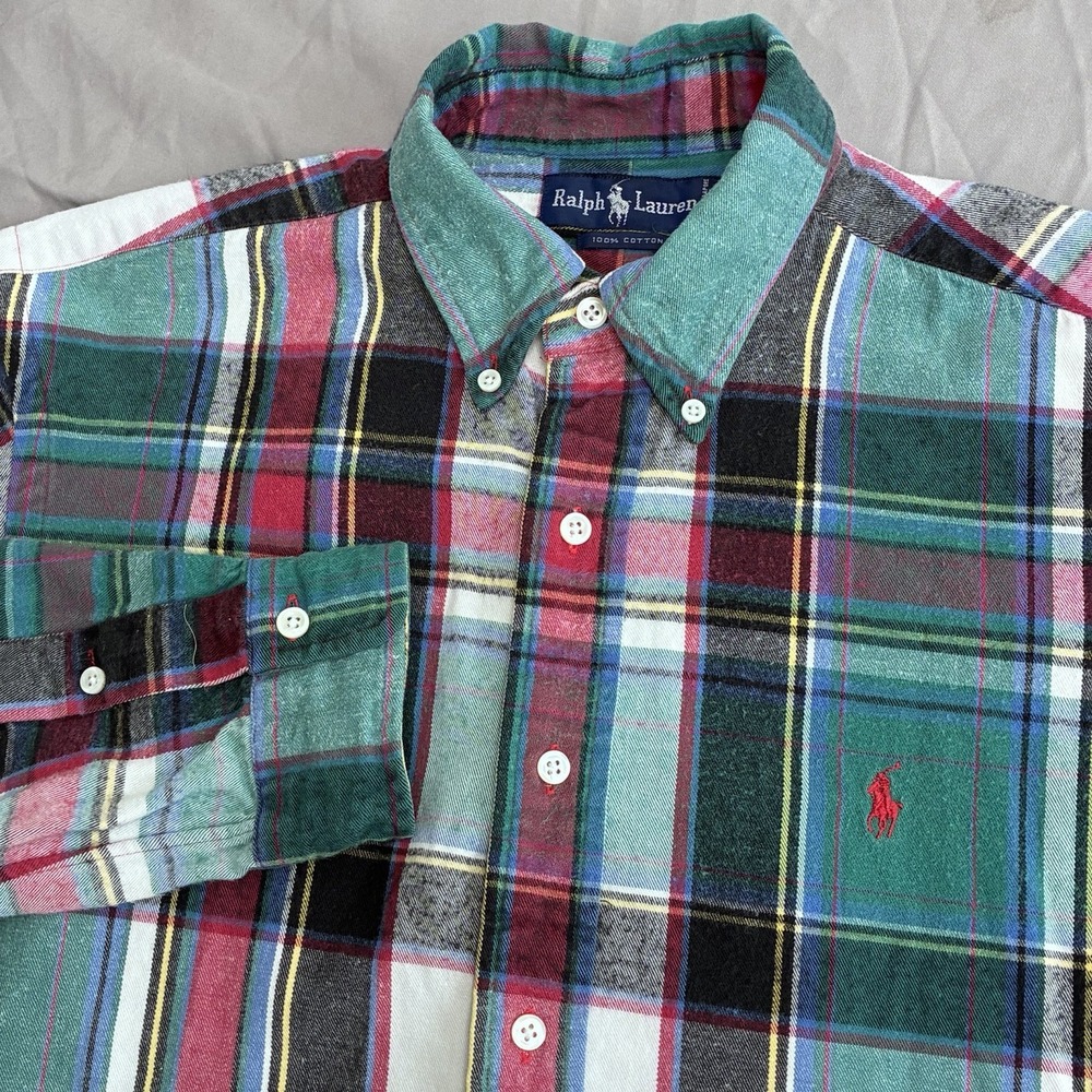 Ralph Lauren Shirt Men Size Large Green Tartan Plaid Flannel Cotton Button Down